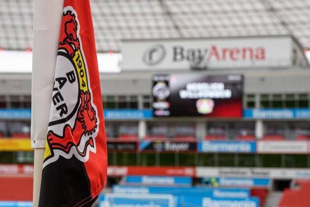 Bayer 04 Leverkusen vs FC Augsburg, Bundesliga, 23 02 2020 Corner flag with Bayer logo at the Bundesliga match between Bayer 04 Leverkusen and FC Augsburg on 23 02 2020 DFL regulations prohibit any use of photographs as image sequences and or quasi video , Leverkusen NRW Germany BayArena