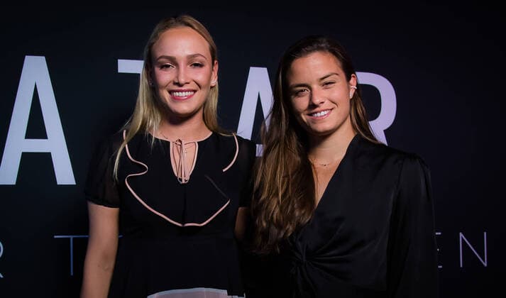 February 23, 2020, Doha, QATAR: Donna Vekic of Croatia & Maria Sakkari of Greece in the photo booth ahead of the players party of the 2020 Qatar Total Open WTA, Tennis Damen Premier 5 tennis tournament 2020 Qatar Total Open, Tennis, Doha, Qatar, Feb 23 - ZUMAa181 20200223_zaa_a181_047 Copyright: xRobxPrangex