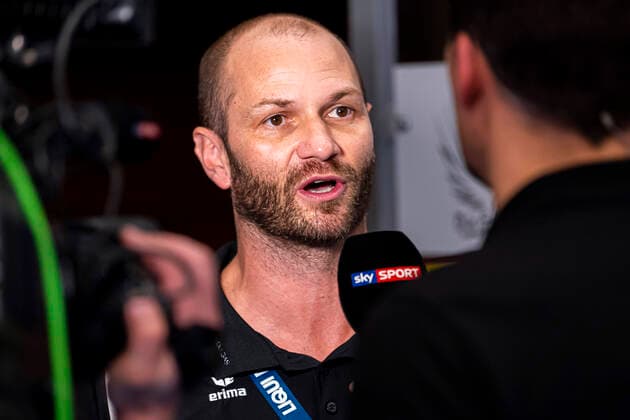 Friesenheim, Germany 23 February 2020 HBL 19 20 The Owls Ludwigshafen vs MT Melsungen Coach Heiko Grimm Melsungen in Sky Interview Ludwigshafen Friesenheim Friedrich Ebert Halle Baden Württemberg Germany