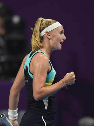 (200224) -- DOHA, Feb. 24, 2020 (Xinhua) -- Jil Teichmann of Switzerland reacts during the women s singels first round match against Jelena Ostapenko of Latvia at 2020 WTA, Tennis Damen Qatar Open tennis tournament in Doha, Qatar, Feb. 23, 2020. (Photo by Nikku Xinhua) (SP)QATAR-DOHA-TENNIS-WTA-SINGLES 