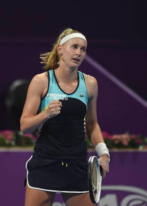 (200224) -- DOHA, Feb. 24, 2020 (Xinhua) -- Jil Teichmann of Switzerland reacts during the women s singels first round match against Jelena Ostapenko of Latvia at 2020 WTA, Tennis Damen Qatar Open tennis tournament in Doha, Qatar, Feb. 23, 2020. (Photo by Nikku Xinhua) (SP)QATAR-DOHA-TENNIS-WTA-SINGLES 