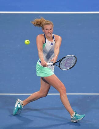 (200224) -- DOHA, Feb. 24, 2020 (Xinhua) -- Katerina Siniakova of the Czech Republic hits a return to Ons Jabeur of Tunisia during their women s singels first round match at 2020 WTA, Tennis Damen Qatar Open tennis tournament in Doha, Qatar, Feb. 23, 2020. (Photo by Nikku Xinhua) (SP)QATAR-DOHA-TENNIS-WTA-SINGLES 
