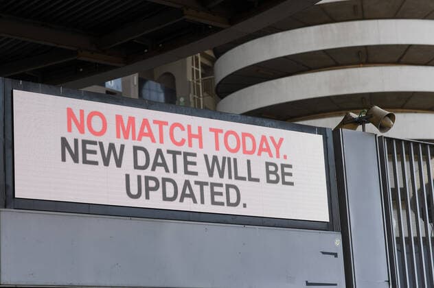 (200224) -- MILAN, Feb. 24, 2020 (Xinhua) -- Photo taken on Feb. 23, 2020 shows a message board at the San Siro stadium in Milan, Italy. Four Serie A football matches have all been suspended due to the increase of the novel coronavirus infections. (Photo by Federico Tardito Xinhua) (SP)ITALY-MILAN-FOOTBALL-SERIE A-DELAY 