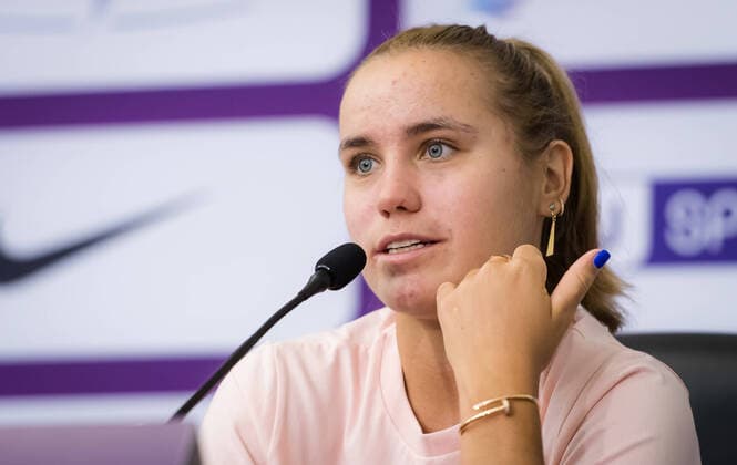 February 23, 2020, Doha, QATAR: Sofia Kenin of the United States talks to the media during All Access Hour at the 2020 Qatar Total Open WTA, Tennis Damen Premier 5 tennis tournament 2020 Qatar Total Open, Tennis, Doha, Qatar, Feb 23 - ZUMAa181 20200223_zaa_a181_121 Copyright: xRobxPrangex