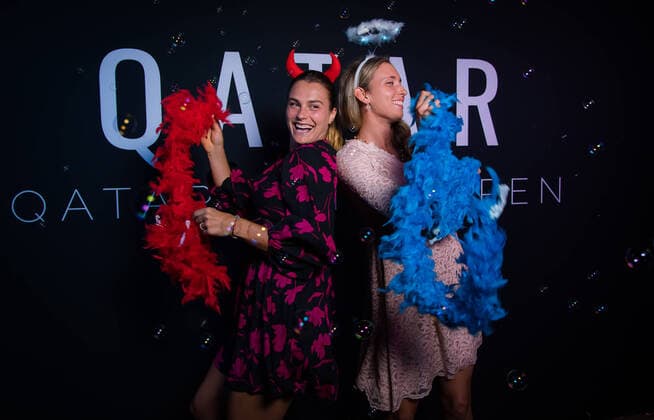 February 23, 2020, Doha, QATAR: Aryna Sabalenka of Belarus & Elise Mertens, of Belgium in the photo booth ahead of the players party of the 2020 Qatar Total Open WTA, Tennis Damen Premier 5 tennis tournament 2020 Qatar Total Open, Tennis, Doha, Qatar, Feb 23 - ZUMAa181 20200223_zaa_a181_197 Copyright: xRobxPrangex