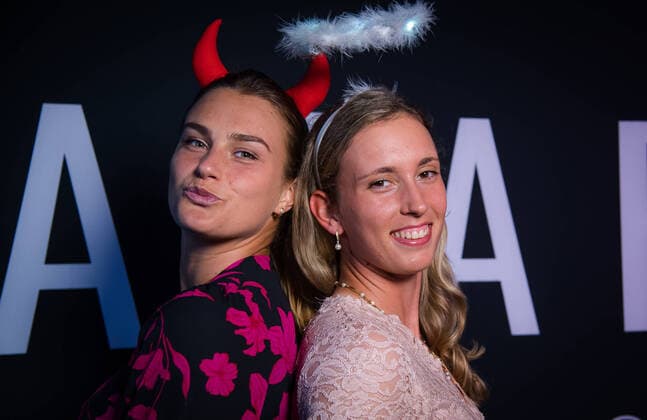 February 23, 2020, Doha, QATAR: Aryna Sabalenka of Belarus & Elise Mertens, of Belgium in the photo booth ahead of the players party of the 2020 Qatar Total Open WTA, Tennis Damen Premier 5 tennis tournament 2020 Qatar Total Open, Tennis, Doha, Qatar, Feb 23 - ZUMAa181 20200223_zaa_a181_199 Copyright: xRobxPrangex