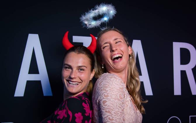 February 23, 2020, Doha, QATAR: Aryna Sabalenka of Belarus & Elise Mertens, of Belgium in the photo booth ahead of the players party of the 2020 Qatar Total Open WTA, Tennis Damen Premier 5 tennis tournament 2020 Qatar Total Open, Tennis, Doha, Qatar, Feb 23 - ZUMAa181 20200223_zaa_a181_201 Copyright: xRobxPrangex