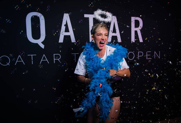 February 23, 2020, Doha, QATAR: Bethanie Mattek-Sands of the United States in the photo booth ahead of the players party of the 2020 Qatar Total Open WTA, Tennis Damen Premier 5 tennis tournament 2020 Qatar Total Open, Tennis, Doha, Qatar, Feb 23 - ZUMAa181 20200223_zaa_a181_218 Copyright: xRobxPrangex