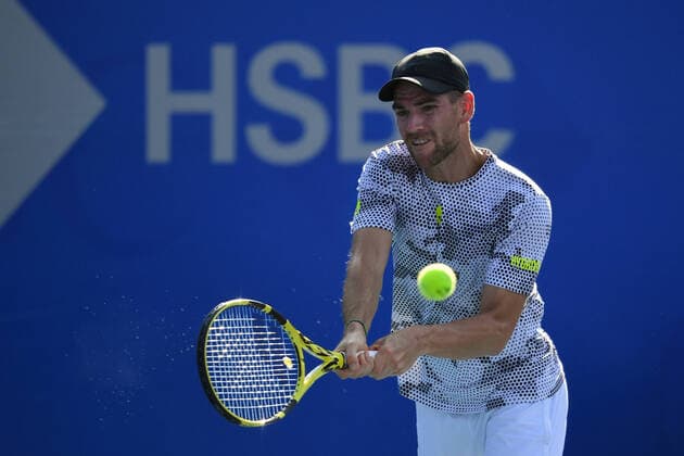 (200225) -- ACAPULCO, Feb. 25, 2020 -- Adrian Mannarino of France hits a return to Cameron Norrie of Britain during their men s singles first round match at the 2020 ATP, Tennis Herren Mexican Open tennis tournament in Acapulco, Mexico, Feb. 24, 2020. ) (SP)MEXICO-ACAPULCO-TENNIS-ATP-MEXICAN OPEN-DAY 1 XinxYuewei 