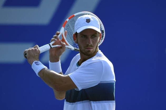 (200225) -- ACAPULCO, Feb. 25, 2020 -- Cameron Norrie of Britain hits a return to Adrian Mannarino of France during their men s singles first round match at the 2020 ATP, Tennis Herren Mexican Open tennis tournament in Acapulco, Mexico, Feb. 24, 2020. ) (SP)MEXICO-ACAPULCO-TENNIS-ATP-MEXICAN OPEN-DAY 1 XinxYuewei 