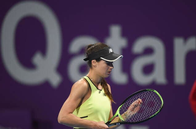 Tennis, WTA-Turnier in Doha (200225) -- DOHA, Feb. 25, 2020 (Xinhua) -- Sorana Cirstea of Romania reacts during the women s singles first round match against Elena Rybakina of Kazakhstan at the 2020 WTA, Tennis Damen Qatar Open tennis tournament in Doha, Qatar, Feb. 24, 2020. (Photo by Nikku Xinhua) (SP)QATAR-DOHA-TENNIS-WTA-SINGLES 