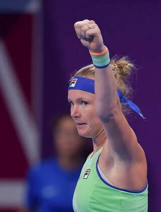 Tennis, WTA-Turnier in Doha (200225) -- DOHA, Feb. 25, 2020 (Xinhua) -- Kiki Bertens of the Netherland celebrates after winning the women s singles second round match against Karolina Muchova of the Czech Republic at the 2020 WTA, Tennis Damen Qatar Open in Doha, Qatar, Feb. 24, 2020. (Xinhua Nikku) (SP)QATAR-DOHA-TENNIS-WTA-SINGLES 
