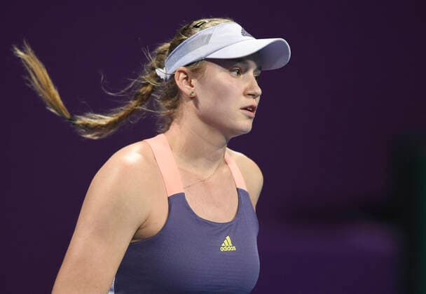 Tennis, WTA-Turnier in Doha (200225) -- DOHA, Feb. 25, 2020 (Xinhua) -- Elena Rybakina of Kazakhstan reacts during the women s singles first round match against Sorana Cirstea of Romania at the 2020 WTA, Tennis Damen Qatar Open in Doha, Qatar, Feb. 24, 2020. (Photo by Nikku Xinhua) (SP)QATAR-DOHA-TENNIS-WTA-SINGLES 