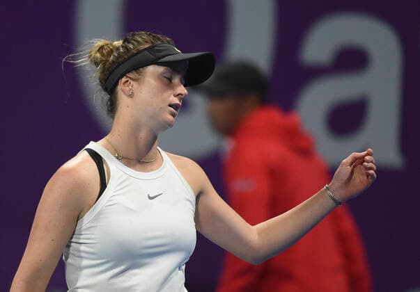 Tennis, WTA-Turnier in Doha (200225) -- DOHA, Feb. 25, 2020 (Xinhua) -- Elina Svitolina of Ukraine reacts during the women s singles second round match against Amanda Anisimova of the United States at the 2020 WTA, Tennis Damen Qatar Open in Doha, Qatar, Feb. 24, 2020. (Xinhua Nikku) (SP)QATAR-DOHA-TENNIS-WTA-SINGLES 