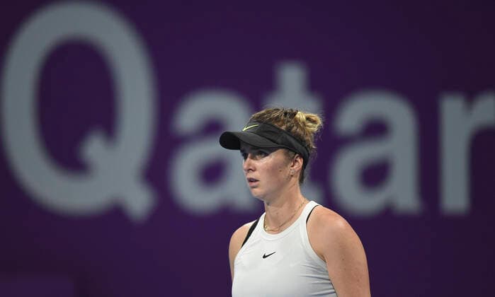 Tennis, WTA-Turnier in Doha (200225) -- DOHA, Feb. 25, 2020 (Xinhua) -- Elina Svitolina of Ukraine reacts during the women s singles second round match against Amanda Anisimova of the United States at the 2020 WTA, Tennis Damen Qatar Open in Doha, Qatar, Feb. 24, 2020. (Xinhua Nikku) (SP)QATAR-DOHA-TENNIS-WTA-SINGLES 