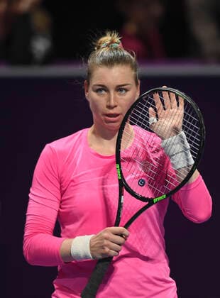 Tennis, WTA-Turnier in Doha (200225) -- DOHA, Feb. 25, 2020 (Xinhua) -- Vera Zvonareva of Russia celebrates after the women s singles first round match against Hsieh Su-wei of Chinese Taipei at the 2020 WTA, Tennis Damen Qatar Open tennis tournament in Doha, Qatar, Feb. 24, 2020. (Photo by Nikku Xinhua) (SP)QATAR-DOHA-TENNIS-WTA-SINGLES 
