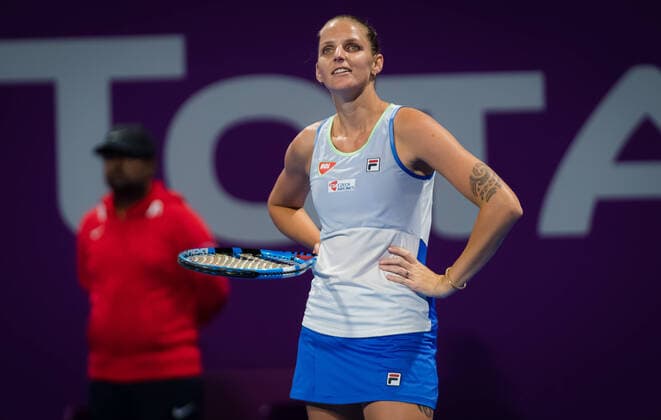 February 25, 2020, Doha, SPAIN: Karolina Pliskova of the Czech Republic in action during her second-round match at the 2020 Qatar Total Open WTA, Tennis Damen Premier 5 tennis tournament against Bernarda Pera of the United States 2020 Qatar Total Open, Tennis, Doha, Qatar, Feb 25 - ZUMAa181 20200225_zaa_a181_134 Copyright: xRobxPrangex