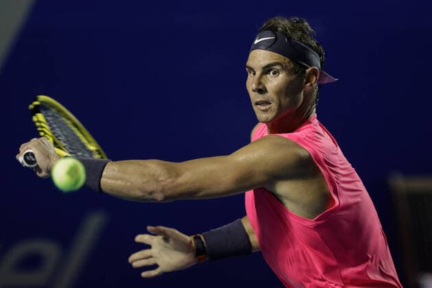 (200226) -- ACAPULCO, Feb. 26, 2020 -- Rafael Nadal of Spain hits a return during the men s singles first round match against Pablo Andujar of Spain at the 2020 ATP, Tennis Herren Mexican Open tennis tournament in Acapulco, Mexico, Feb. 25, 2020. Francisco Canedo) (SP)MEXICO-ACAPULCO-TENNIS-ATP-MEXICAN OPEN-DAY 2 FuxLangxisike¡¤kanieduo 
