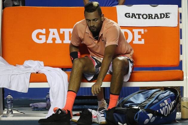 Australian Nick Kyrgios is injured during a match against French Ugo Humbert, amid the Mexican Tennis Open held in Acapulco, in the state of Guerrero, Mexico, 25 February 2020. Mexican Tennis Open in Acapulco !ACHTUNG: NUR REDAKTIONELLE NUTZUNG!  Copyright: xDavidxGuzmanx MEX6110 20200226-637182986074055291