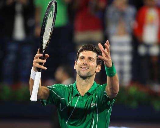 Novak Djokovic SRB cheers after his victory, cheers, joy, emotion Tennis Dubai Duty Free Tennis Championships ATP Dubai Duty Free Tennis Stadium Dubai United Arab Emirates 26 February 2020 Â Copyright: xJuergenxHasenkopfx