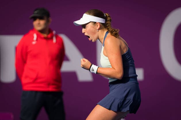 February 26, 2020, Doha, QATAR: Jelena Ostapenko of Latvia in action during her third-round match at the 2020 Qatar Total Open WTA, Tennis Damen Premier 5 tennis tournament against Petra Kvitova of the Czech Republic 2020 Qatar Total Open, Tennis, Doha, Qatar, Feb 26 - ZUMAa181 20200226_zaa_a181_018 Copyright: xRobxPrangex