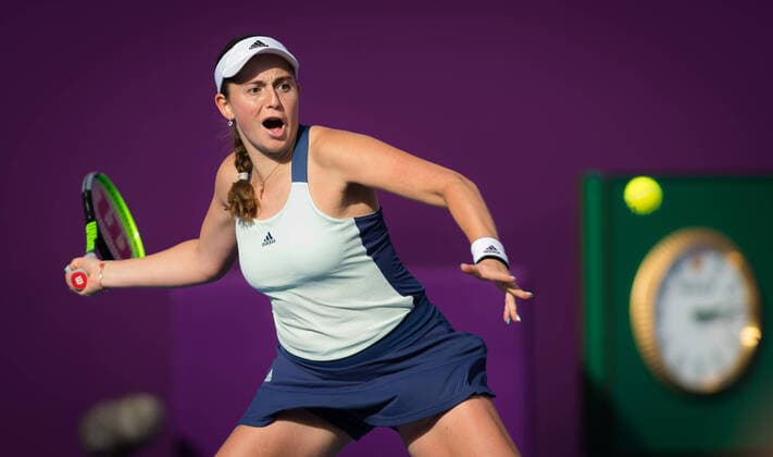 February 26, 2020, Doha, QATAR: Jelena Ostapenko of Latvia in action during her third-round match at the 2020 Qatar Total Open WTA, Tennis Damen Premier 5 tennis tournament against Petra Kvitova of the Czech Republic 2020 Qatar Total Open, Tennis, Doha, Qatar, Feb 26 - ZUMAa181 20200226_zaa_a181_021 Copyright: xRobxPrangex