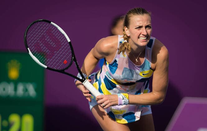 February 26, 2020, Doha, QATAR: Petra Kvitova of the Czech Republic in action during her third-round match at the 2020 Qatar Total Open WTA, Tennis Damen Premier 5 tennis tournament against Jelena Ostapenko of Latvia 2020 Qatar Total Open, Tennis, Doha, Qatar, Feb 26 - ZUMAa181 20200226_zaa_a181_029 Copyright: xRobxPrangex