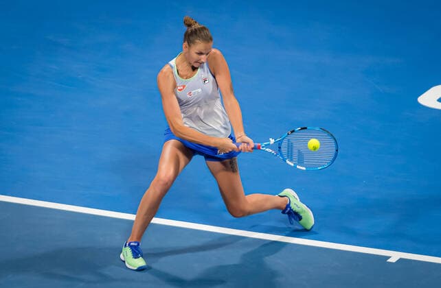 February 26, 2020, Doha, QATAR: Karolina Pliskova of the Czech Republic in action during her third-round match at the 2020 Qatar Total Open WTA, Tennis Damen Premier 5 tennis tournament against Ons Jabeur of Tunisia 2020 Qatar Total Open, Tennis, Doha, Qatar, Feb 26 - ZUMAa181 20200226_zaa_a181_167 Copyright: xRobxPrangex