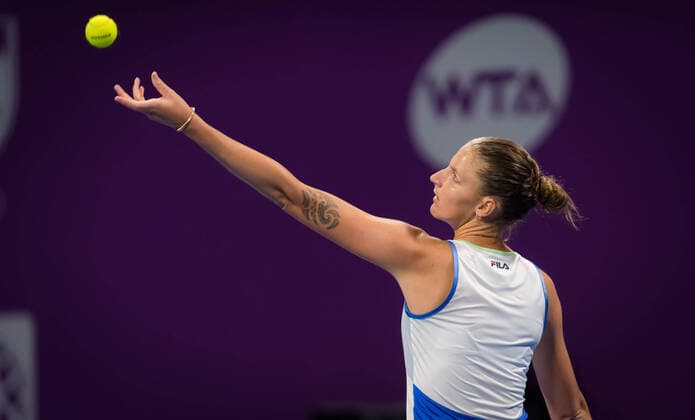 February 26, 2020, Doha, QATAR: Karolina Pliskova of the Czech Republic in action during her third-round match at the 2020 Qatar Total Open WTA, Tennis Damen Premier 5 tennis tournament against Ons Jabeur of Tunisia 2020 Qatar Total Open, Tennis, Doha, Qatar, Feb 26 - ZUMAa181 20200226_zaa_a181_175 Copyright: xRobxPrangex