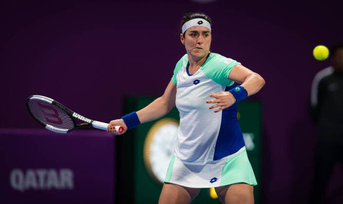 February 26, 2020, Doha, QATAR: Ons Jabeur of Tunisia in action during her third-round match at the 2020 Qatar Total Open WTA, Tennis Damen Premier 5 tennis tournament against Karolina Pliskova of the Czech Republic 2020 Qatar Total Open, Tennis, Doha, Qatar, Feb 26 - ZUMAa181 20200226_zaa_a181_180 Copyright: xRobxPrangex