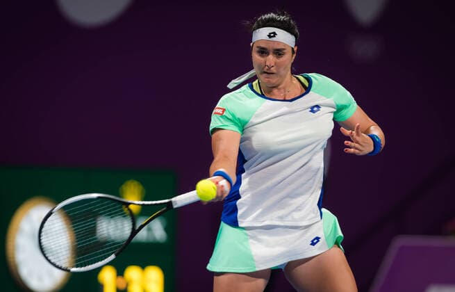 February 26, 2020, Doha, QATAR: Ons Jabeur of Tunisia in action during her third-round match at the 2020 Qatar Total Open WTA, Tennis Damen Premier 5 tennis tournament against Karolina Pliskova of the Czech Republic 2020 Qatar Total Open, Tennis, Doha, Qatar, Feb 26 - ZUMAa181 20200226_zaa_a181_184 Copyright: xRobxPrangex