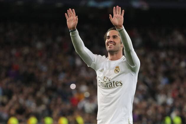 Real Madrid s Isco Alarcon celebrates after scoring the 1-0 lead during a first leg of the UEFA Champions League round of 16 soccer match between Real Madrid and Manchester City at Santiago Bernabeu stadium in Madrid, Spain, 26 February 2020. Real Madrid vs Manchester City !ACHTUNG: NUR REDAKTIONELLE NUTZUNG!  Copyright: xJuanJoxMartínx GRAF7400 20200226-637183532344961445