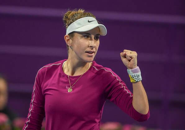 (200227) -- DOHA, Feb. 27, 2020 (Xinhua) -- Belinda Bencic of Switzerland celebrates after winning the women s singles third round match against Yulia Putintseva of Kazakhstan at the 2020 WTA, Tennis Damen Qatar Open in Doha, Qatar, Feb. 26, 2020. (Photo by Nikku Xinhua) (SP)QATAR-DOHA-TENNIS-WTA-SINGLES 
