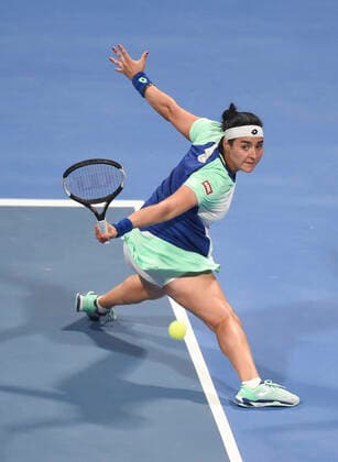 (200227) -- DOHA, Feb. 27, 2020 (Xinhua) -- Ons Jabeur of Tunisia hits a return during the women s singles third round match against Karolina Pliskova of Czech Republic at the 2020 WTA, Tennis Damen Qatar Open in Doha, Qatar, Feb. 26, 2020. (Photo by Nikku Xinhua) (SP)QATAR-DOHA-TENNIS-WTA-SINGLES 