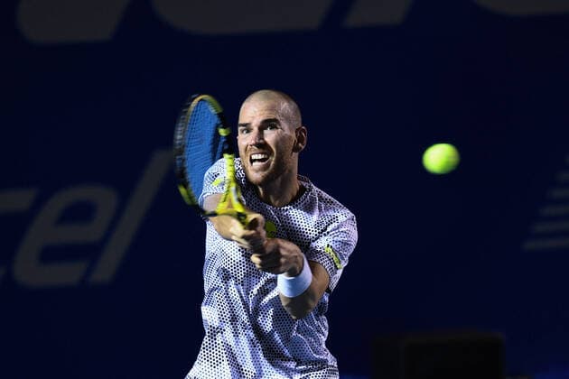 (200227) -- ACAPULCO, Feb. 27, 2020 -- Adrian Mannarino of France hits a return during the men s singles second round match between Grigor Dimitrov of Bulgaria and Adrian Mannarino of France at the 2020 ATP, Tennis Herren Mexican Open tennis tournament in Acapulco, Mexico, Feb. 26, 2020. ) (SP)MEXICO-ACAPULCO-TENNIS-ATP-MEXICAN OPEN XinxYuewei 
