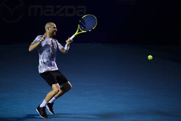 (200227) -- ACAPULCO, Feb. 27, 2020 -- Adrian Mannarino of France hits a return during the men s singles second round match between Grigor Dimitrov of Bulgaria and Adrian Mannarino of France at the 2020 ATP, Tennis Herren Mexican Open tennis tournament in Acapulco, Mexico, Feb. 26, 2020. ) (SP)MEXICO-ACAPULCO-TENNIS-ATP-MEXICAN OPEN XinxYuewei 