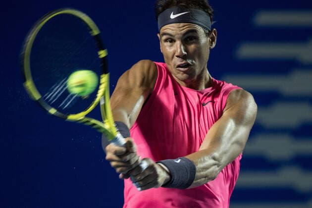 (200227) -- ACAPULCO, Feb. 27, 2020 (Xinhua) -- Rafael Nadal of Spain hits a return during the men s singles second round match between Rafael Nadal of Spain and Miomir Kecmanovic of Serbia at the 2020 ATP, Tennis Herren Mexican Open tennis tournament in Acapulco, Mexico, Feb. 26, 2020. (Photo by Francisco Canedo Xinhua) (SP)MEXICO-ACAPULCO-TENNIS-ATP-MEXICAN OPEN 