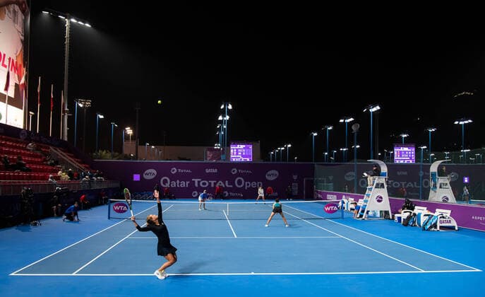 February 26, 2020, Doha, QATAR: Barbora Strycova of the Czech Republic & Su-Wei Hsieh of Chinese Taipeh playing doubles at the 2020 Qatar Total Open WTA, Tennis Damen Premier 5 tennis tournament 2020 Qatar Total Open, Tennis, Doha, Qatar, Feb 26 - ZUMAa181 20200226_zaa_a181_217 Copyright: xRobxPrangex