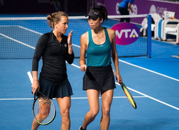 February 26, 2020, Doha, QATAR: Barbora Strycova of the Czech Republic & Su-Wei Hsieh of Chinese Taipeh playing doubles at the 2020 Qatar Total Open WTA, Tennis Damen Premier 5 tennis tournament 2020 Qatar Total Open, Tennis, Doha, Qatar, Feb 26 - ZUMAa181 20200226_zaa_a181_218 Copyright: xRobxPrangex