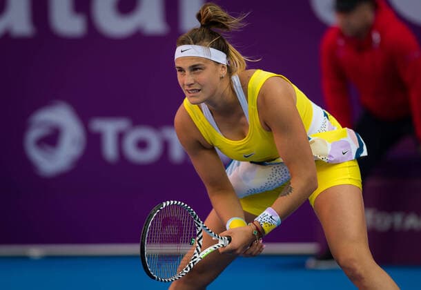 February 27, 2020, Doha, QATAR: Aryna Sabalenka of Belarus in action during her quarter-final match at the 2020 Qatar Total Open WTA, Tennis Damen Premier 5 tennis tournament against Saisai Zheng of China 2020 Qatar Total Open, Tennis, Doha, Qatar, Feb 27 - ZUMAa181 20200227_zaa_a181_047 Copyright: xRobxPrangex