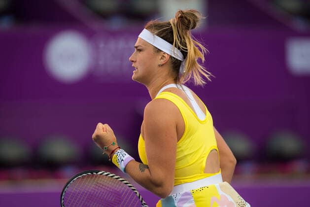 February 27, 2020, Doha, QATAR: Aryna Sabalenka of Belarus in action during her quarter-final match at the 2020 Qatar Total Open WTA, Tennis Damen Premier 5 tennis tournament against Saisai Zheng of China 2020 Qatar Total Open, Tennis, Doha, Qatar, Feb 27 - ZUMAa181 20200227_zaa_a181_056 Copyright: xRobxPrangex