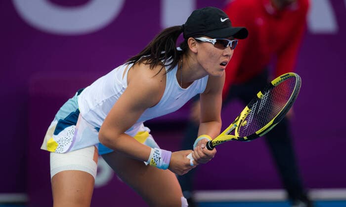 February 27, 2020, Doha, QATAR: Saisai Zheng of China in action during her quarter-final match at the 2020 Qatar Total Open WTA, Tennis Damen Premier 5 tennis tournament against Aryna Sabalenka of Belarus 2020 Qatar Total Open, Tennis, Doha, Qatar, Feb 27 - ZUMAa181 20200227_zaa_a181_057 Copyright: xRobxPrangex