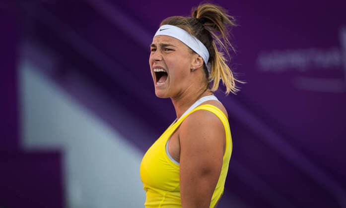 February 27, 2020, Doha, QATAR: Aryna Sabalenka of Belarus in action during her quarter-final match at the 2020 Qatar Total Open WTA, Tennis Damen Premier 5 tennis tournament against Saisai Zheng of China 2020 Qatar Total Open, Tennis, Doha, Qatar, Feb 27 - ZUMAa181 20200227_zaa_a181_061 Copyright: xRobxPrangex