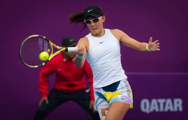 February 27, 2020, Doha, QATAR: Saisai Zheng of China in action during her quarter-final match at the 2020 Qatar Total Open WTA, Tennis Damen Premier 5 tennis tournament against Aryna Sabalenka of Belarus 2020 Qatar Total Open, Tennis, Doha, Qatar, Feb 27 - ZUMAa181 20200227_zaa_a181_062 Copyright: xRobxPrangex