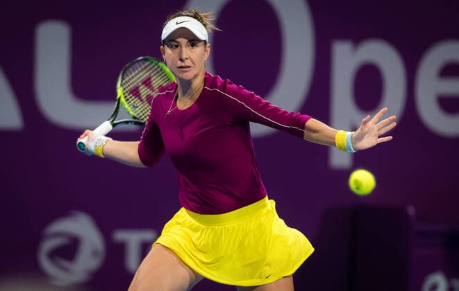 February 27, 2020, Doha, QATAR: Belinda Bencic of Switzerland in action during her quarter-final match at the 2020 Qatar Total Open WTA, Tennis Damen Premier 5 tennis tournament against Svetlana Kuznetsova of Russia 2020 Qatar Total Open, Tennis, Doha, Qatar, Feb 27 - ZUMAa181 20200227_zaa_a181_075 Copyright: xRobxPrangex