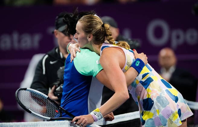 February 27, 2020, Doha, QATAR: Ons Jabeur of Tunisia & Petra Kvitova of the Czech Republic at the net after their quarter-final match at the 2020 Qatar Total Open WTA, Tennis Damen Premier 5 tennis tournament 2020 Qatar Total Open, Tennis, Doha, Qatar, Feb 27 - ZUMAa181 20200227_zaa_a181_120 Copyright: xRobxPrangex