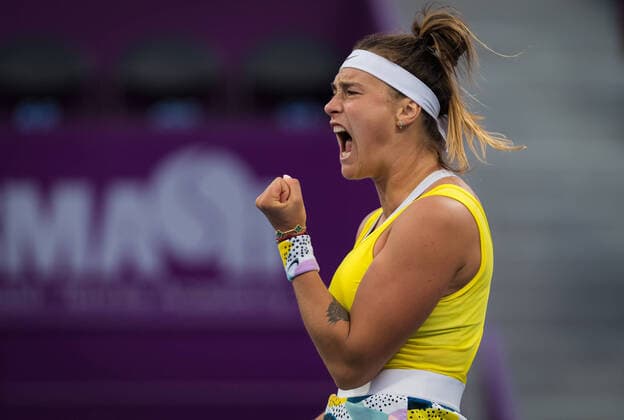 February 27, 2020, Doha, QATAR: Aryna Sabalenka of Belarus in action during her quarter-final match at the 2020 Qatar Total Open WTA, Tennis Damen Premier 5 tennis tournament against Saisai Zheng of China Tennis 2020: Qatar Total Open - ZUMAa181 20200227_zaa_a181_067 Copyright: xRobxPrangex