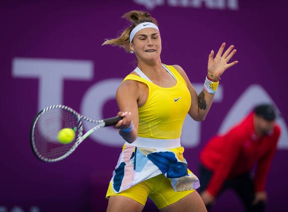 February 27, 2020, Doha, Qatar: Aryna Sabalenka of Belarus in action during her quarter-final match at the 2020 Qatar Total Open WTA, Tennis Damen Premier 5 tennis tournament against Saisai Zheng of China Tennis 2020: Qatar Total Open - ZUMAa181 20200227_zaa_a181_052 Copyright: xRobxPrangex