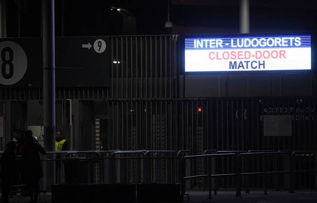 (200228) -- MILAN, Feb. 28, 2020 (Xinhua) -- Photo taken on Feb. 27, 2020 shows a message board at the San Siro stadium in Milan, Italy. Due to the ongoing coronavirus outbreak, the UEFA Europa League round of 32 Second leg match between FC Inter and Ludogorets is played behind closed doors. (Photo by Alberto Lingria Xinhua) (SP)ITALY-MILAN-FOOTBALL-UEFA EUROPA LEAGUE-INTER VS LUDOGORETS 