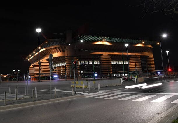 (200228) -- MILAN, Feb. 28, 2020 (Xinhua) -- Photo taken on Feb. 27, 2020 shows the San Siro stadium in Milan, Italy. Due to the ongoing coronavirus outbreak, the UEFA Europa League round of 32 Second leg match between FC Inter and Ludogorets is played behind closed doors. (Photo by Alberto Lingria Xinhua) (SP)ITALY-MILAN-FOOTBALL-UEFA EUROPA LEAGUE-INTER VS LUDOGORETS 